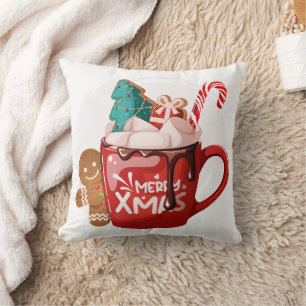Festive Red Hot Chocolate Merry Xmas Cartoon Art Throw Pillow