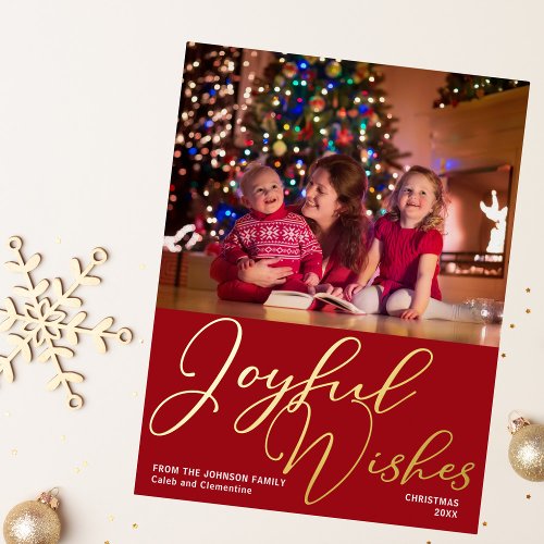 Festive Red Joyful Wishes Christmas Photo Gold Foil Holiday Postcard