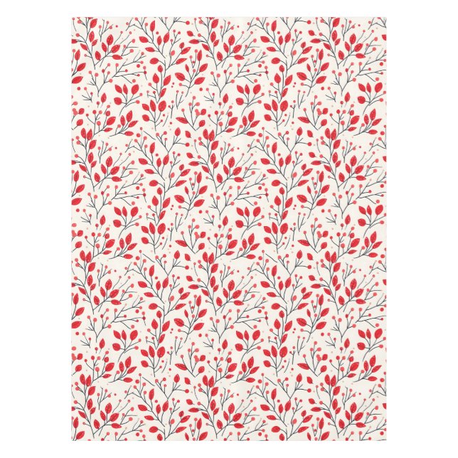 Festive Red Leaf and Berry Pattern Tablecloth (Front)