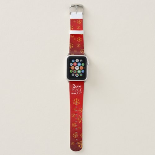 Festive Red Love Peace and Joy with Snowflakes Apple Watch Band