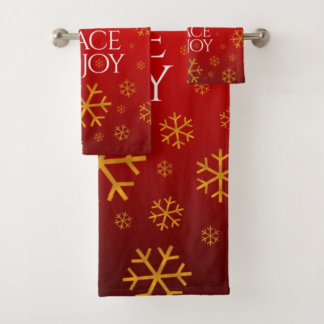 Festive Red Love, Peace, and Joy with Snowflakes Bath Towel Set (Insitu)