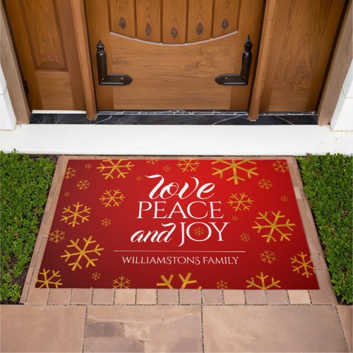 Festive Red Love Peace and Joy with Snowflakes Doormat