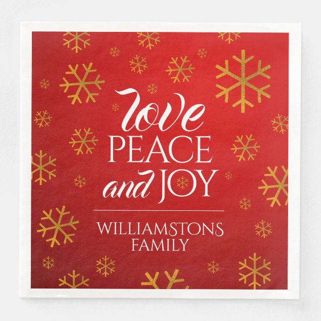 Festive Red Love, Peace, and Joy with Snowflakes Paper Dinner Napkins (Front)