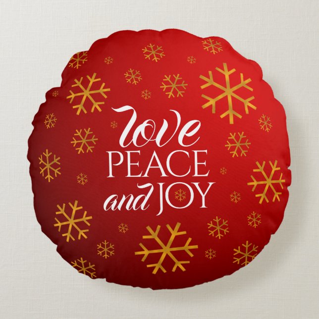 Festive Red Love, Peace, and Joy with Snowflakes Round Pillow (Front)