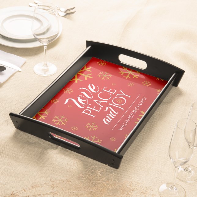 Festive Red Love, Peace, and Joy with Snowflakes Serving Tray (Front)