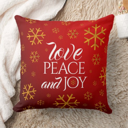 Festive Red Love Peace and Joy with Snowflakes Throw Pillow