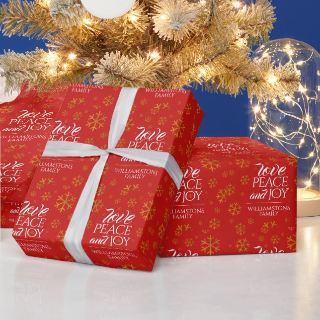 Festive Red Love, Peace, and Joy with Snowflakes Wrapping Paper (Holidays)