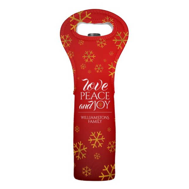 Festive Red Love Peace Joy Gold Foil Snowflakes Wine Bag (Front)