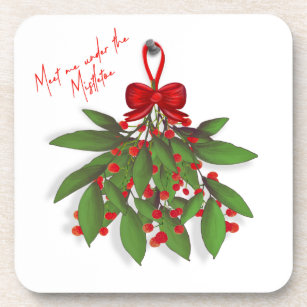 Festive Red  Meet Me Under the Mistletoe Christmas Beverage Coaster