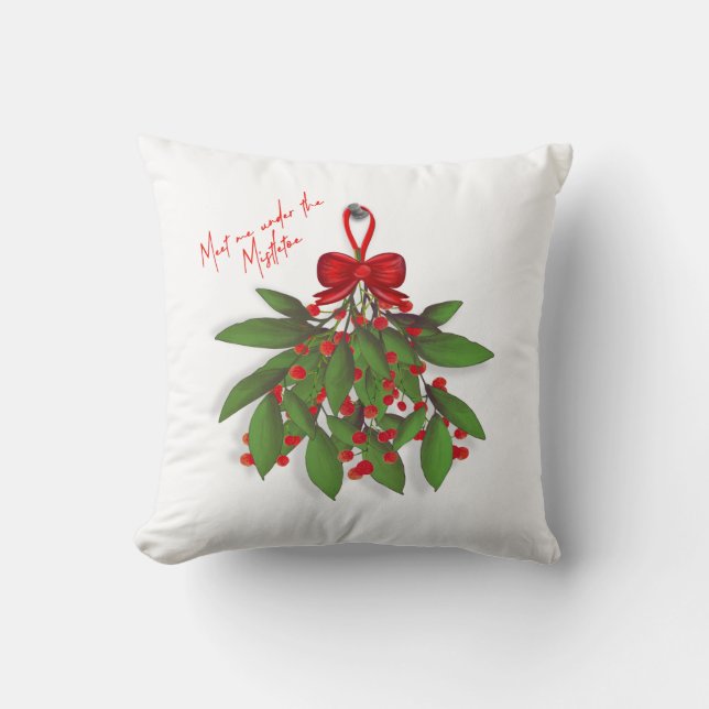 Festive Red  Meet Me Under the Mistletoe Christmas Throw Pillow (Front)