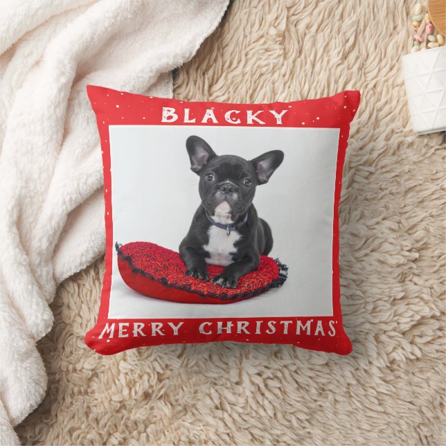 Festive Red Merry Christmas Dog Puppy Pet Photo Throw Pillow (Blanket)