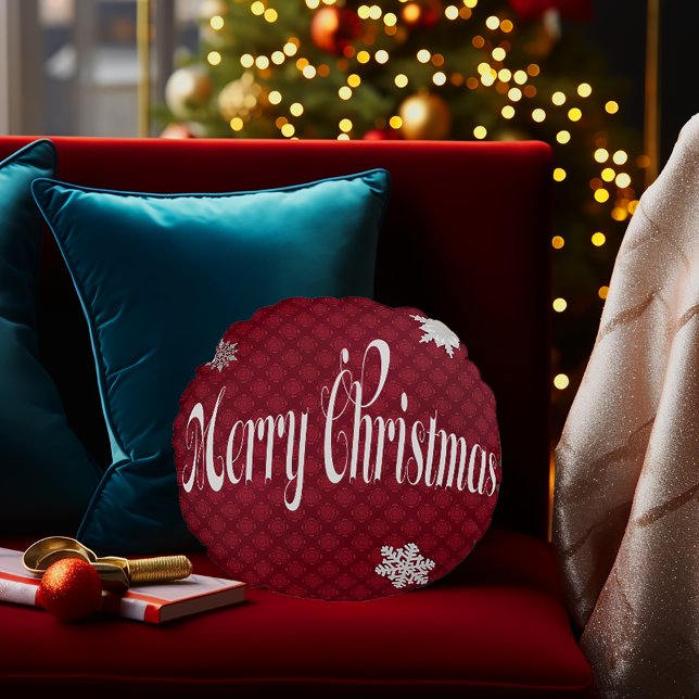 Festive Red Merry Christmas Embellished Decorative Round Pillow (Merry Christmas Round Embellished Script Holiday Decorative Pillow
)