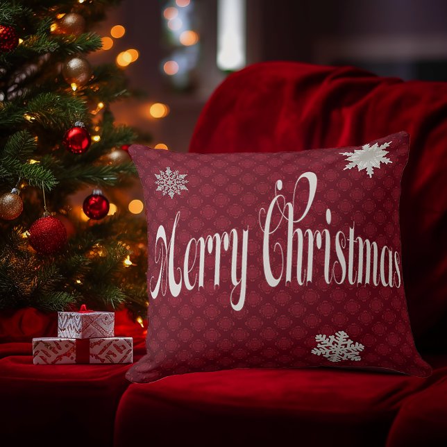 Festive Red Merry Christmas Embellished Decorative Throw Pillow (Festive Merry Christmas Embellished Font Script Decorative Pillow)