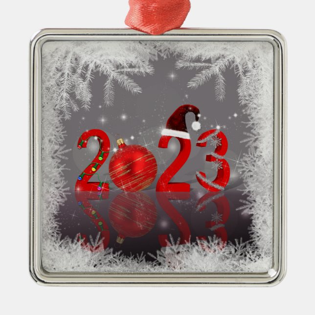 Festive Red Merry Christmas New Year 2023 Metal Ornament (Front)