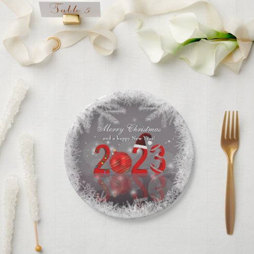 Festive Red Merry Christmas New Year 2023 Paper Plates