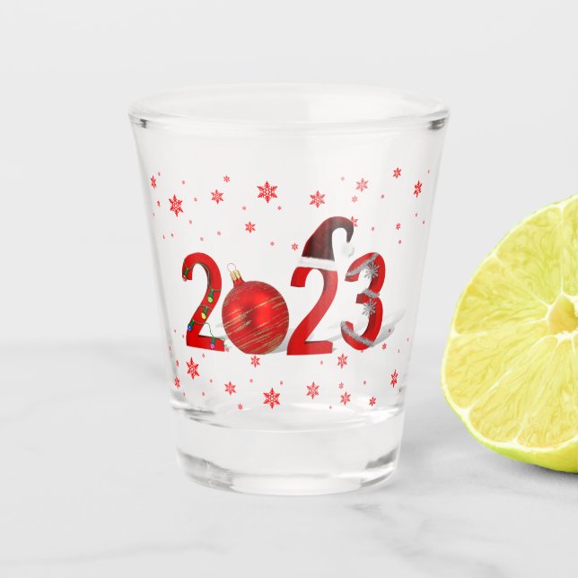 Festive Red Merry Christmas New Year 2023 Shot Glass (Front)
