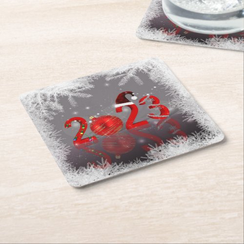 Festive Red Merry Christmas New Year 2023 Square Paper Coaster