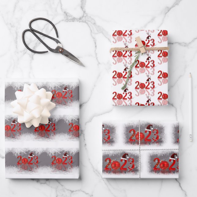 Festive Red Merry Christmas New Year 2023 Wrapping Paper Sheets (Front)