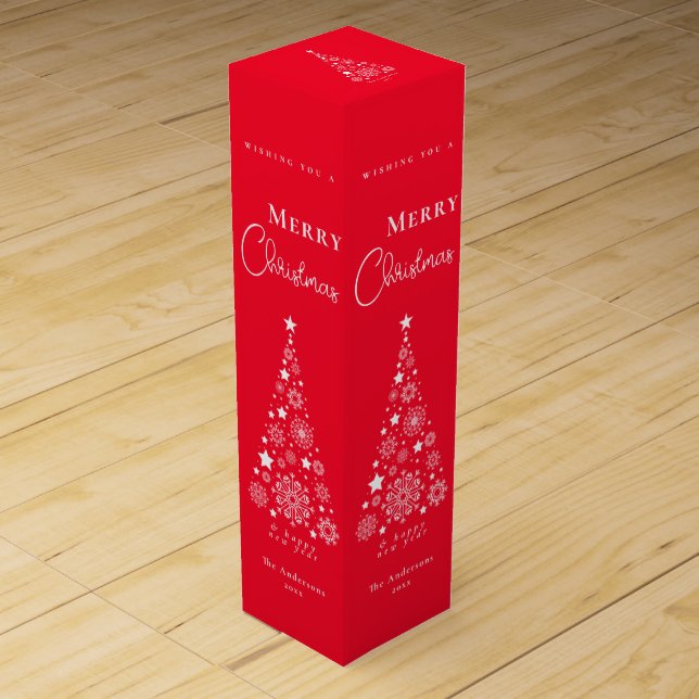 Festive Red Merry Christmas tree Calligraphy Wine Box (Front)