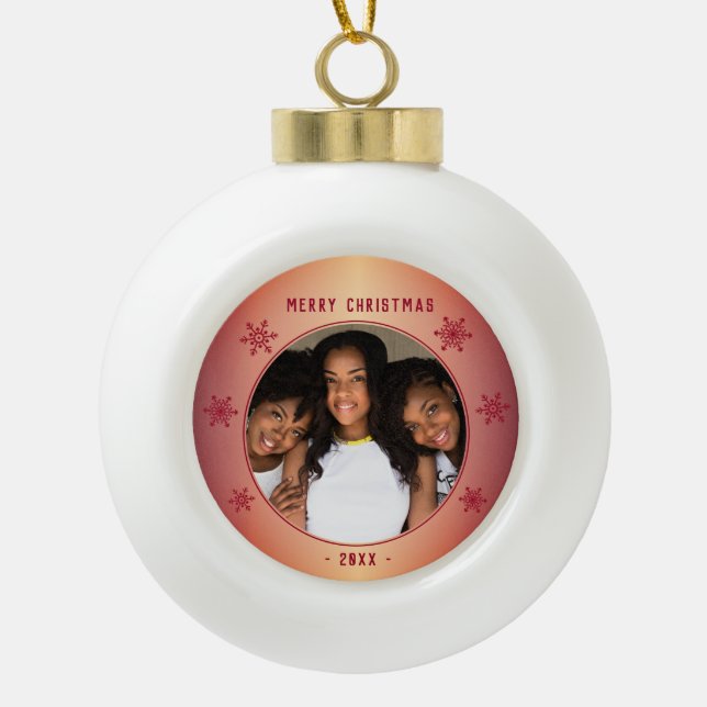 Festive Red Metallic Snowflake Family Photo  Ceramic Ball Christmas Ornament (Front)