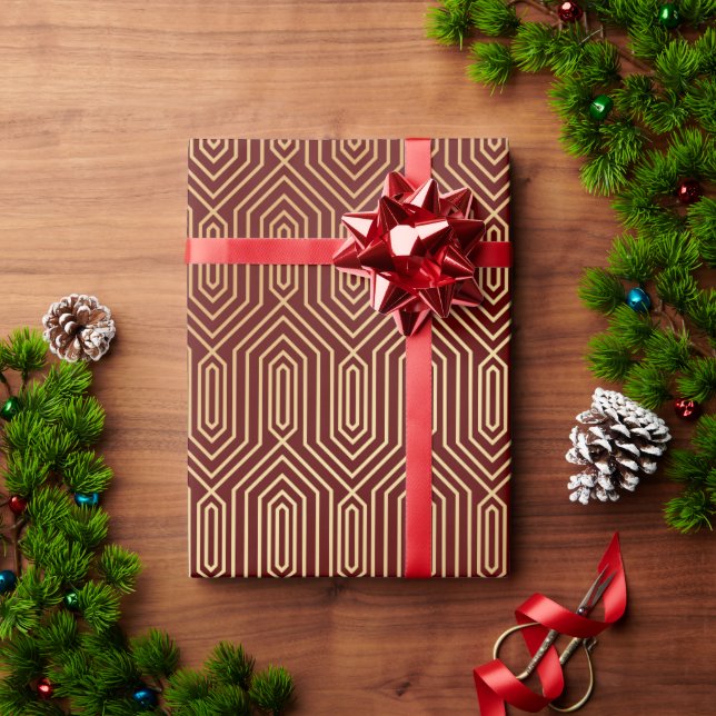Festive Red Modern Art Deco Gold Pattern 109 Wrapping Paper (Holiday Gift)