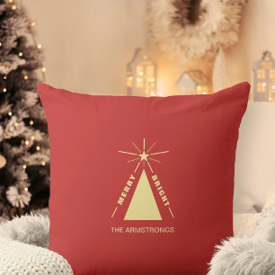 Festive Red Modern Geometric Christmas Tree Throw Pillow