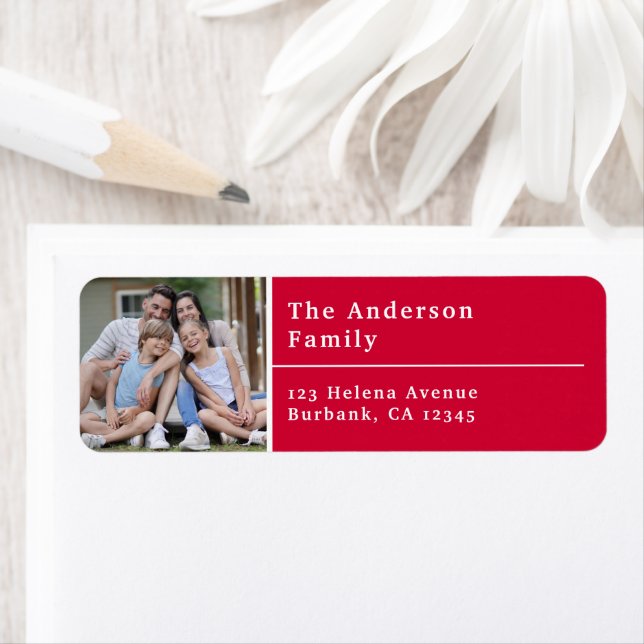 Festive Red Modern Photo Return Address Label (Insitu)