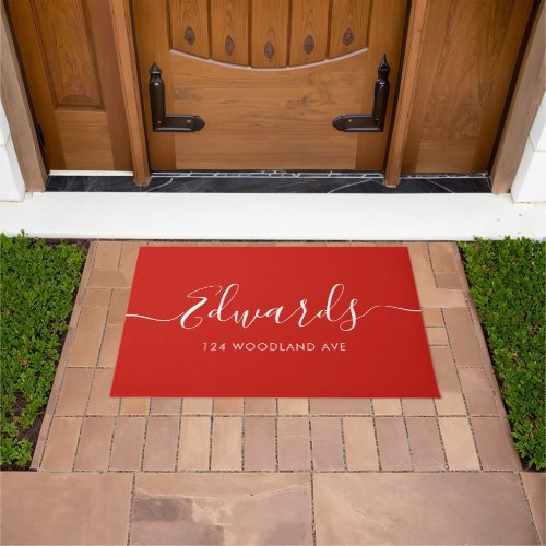 Festive Red Modern Script Personalized Doormat