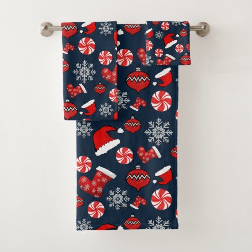 Festive Red Navy Christmas Elements Pattern Bath Towel Set