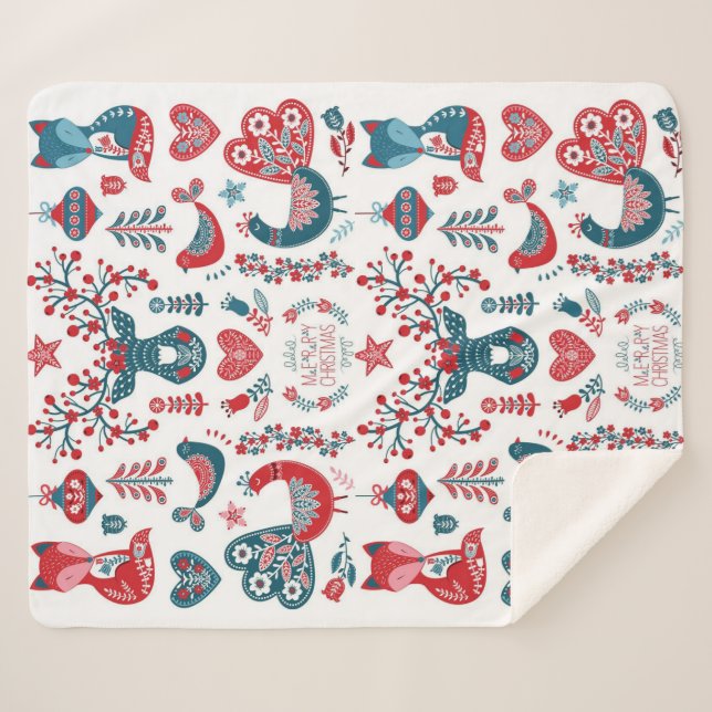 Festive Red Navy Christmas Scandinavian Folk Art Sherpa Blanket (Front (Horizontal))