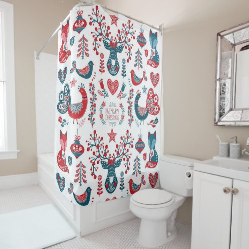 Festive Red Navy Christmas Scandinavian Folk Art Shower Curtain