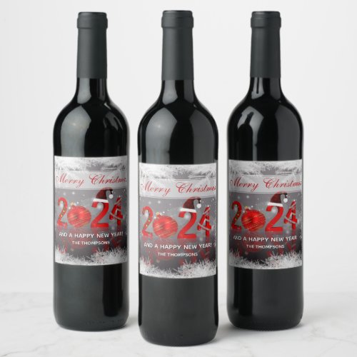 Festive Red New Year 2024 Merry Christmas Wine Label