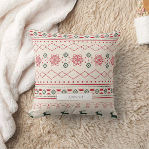Festive Red Nordic Fair Isle Winter Pattern Throw Pillow