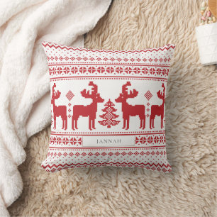 Festive Red Nordic Reindeer Fair Isle Throw Pillow