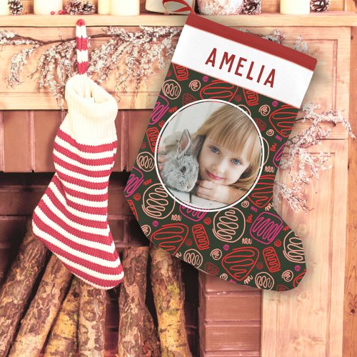 Festive Red One line art Pattern Photo Small Christmas Stocking