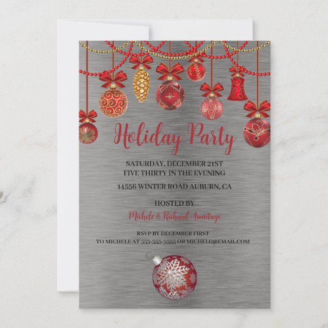 Festive Red Ornaments Holiday Party Invitation (Front)