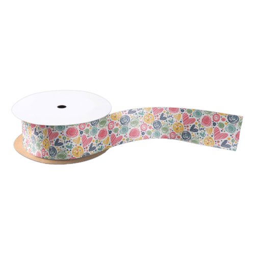 Festive Red Peach Blush Pink Blue Heart Pattern Satin Ribbon