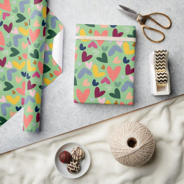 Festive Red Peach Blush Pink Blue Heart Pattern Wrapping Paper (Crafts)
