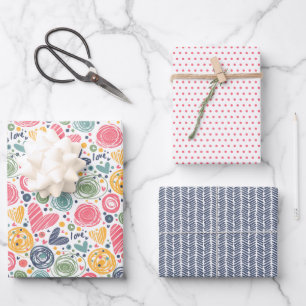 Festive Red Peach Blush Pink Blue Heart Pattern Wrapping Paper Sheets