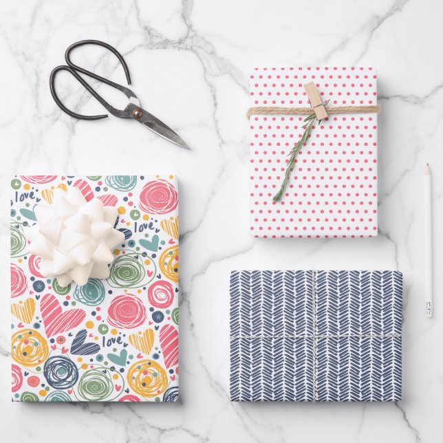 Festive Red Peach Blush Pink Blue Heart Pattern Wrapping Paper Sheets (Front)