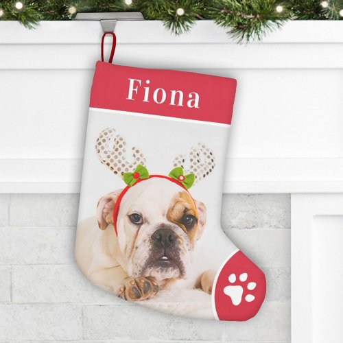 Festive Red Pet Paw Print Monogram Photo Small Christmas Stocking