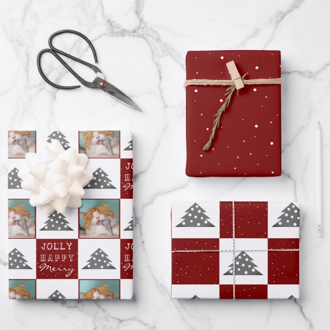 Festive Red Pet Photo Christmas Tree Wrapping Paper Sheets (Front)
