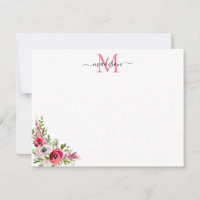 Festive Red Pink Floral Christmas Holiday Monogram Note Card (Front)