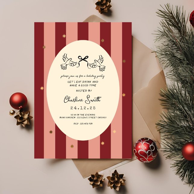 Festive Red Pink Striped Holiday Party Invitation (Creator Uploaded)