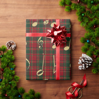 Festive Red Plaid and Gold Music Notes Christmas  Wrapping Paper