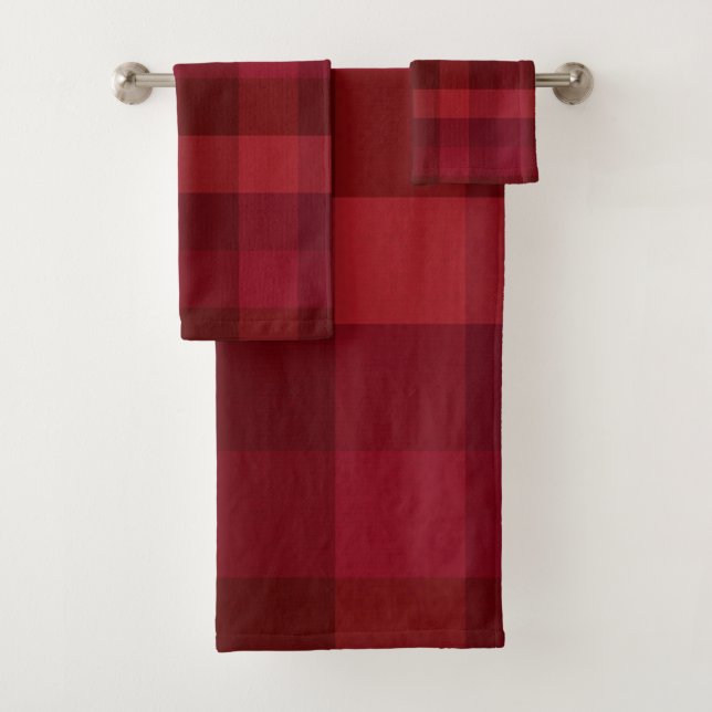 Festive Red Plaid Check Pattern Rustic Farmhouse Bath Towel Set (Insitu)