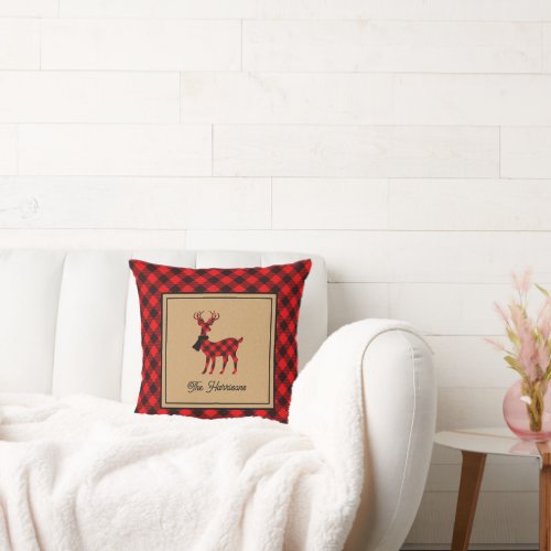 Festive Red Plaid Deer Monogrammed Throw Pillow