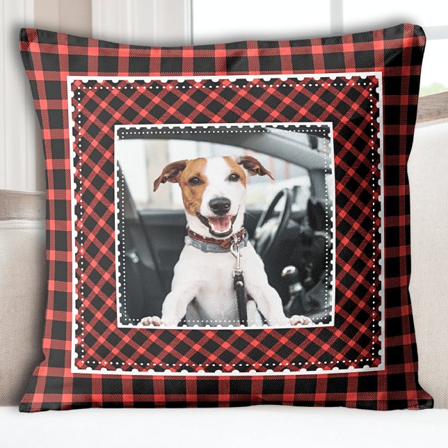 Festive Red Plaid Dog Photo  Throw Pillow (Red Plaid Kids Photo Holiday Christmas Throw Pillow)