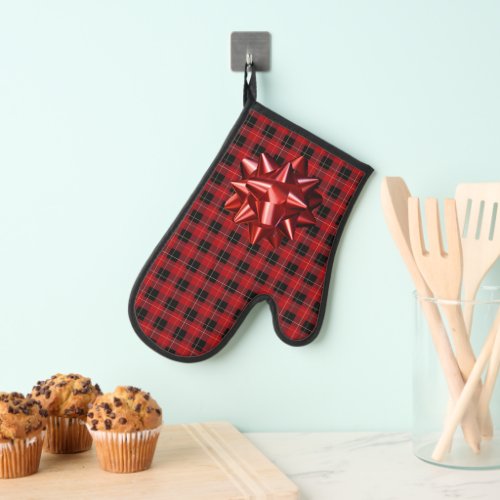 Festive Red Plaid Gift Bow Holiday  Christmas Oven Mitt