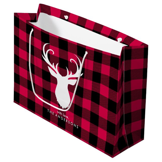 Festive Red Plaid Pattern Christmas Large Gift Bag (Front Angled)